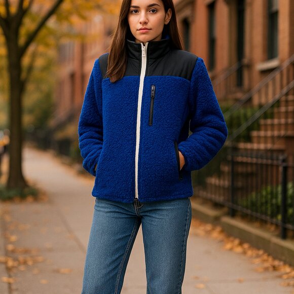 Sandy Liang Rushi Sherpa Fleece Jacket Blue Black Shearling Zip Coat Size L - Picture 1 of 13